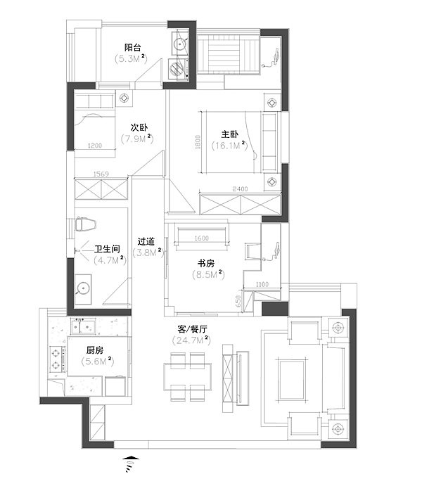 本案，由原始框架来看，主导思路以空间通透为主导，来