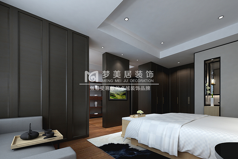本案以简约中式为设计主题，整体空间运用低调而洗练的