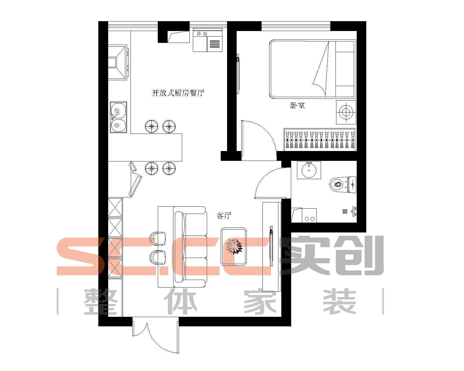 本案属于一室一厅一厨一卫户型空间较小采光较差所以调