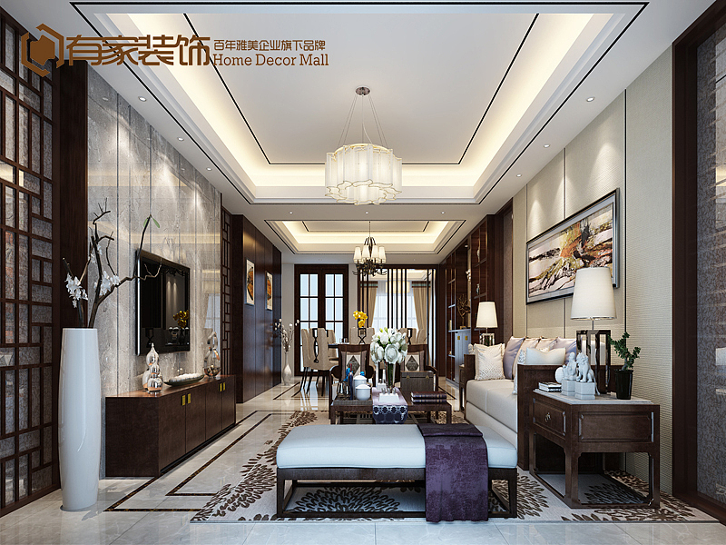 本案设计风格为现代中式，运用大块面的深色木饰面，穿