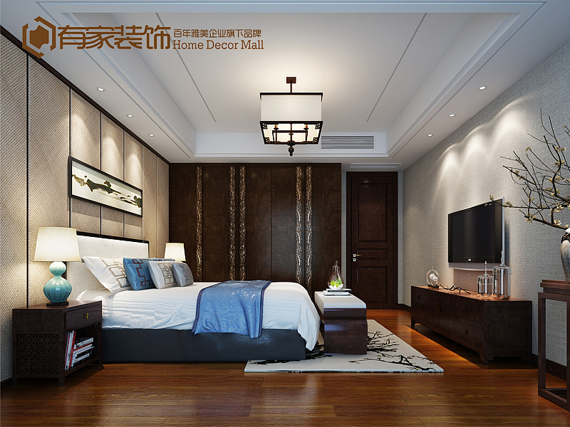 本案设计风格为现代中式，运用大块面的深色木饰面，穿