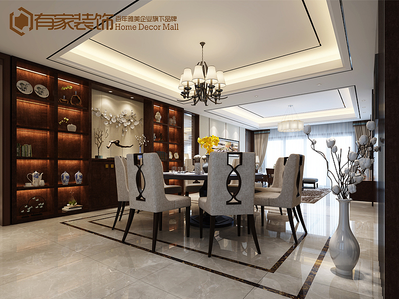 本案设计风格为现代中式，运用大块面的深色木饰面，穿