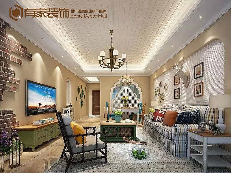   本案是围绕田园风格为主题，以米黄色和白色为主色