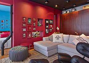 现代小户型客厅红色背景墙图片