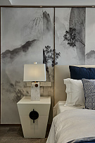 现代中式三居室主卧床头背景墙装饰效果图