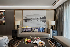 现代中式三居室客厅沙发背景墙设计效果图