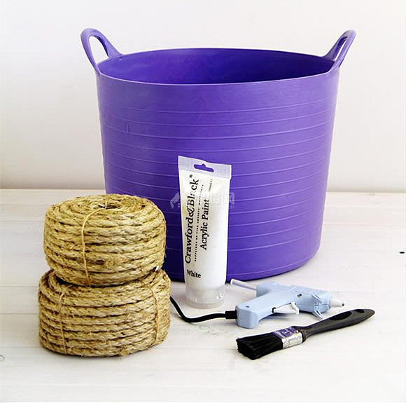 手工DIY：DIY麻绳花篮罩 塑料桶手工制作花盆罩