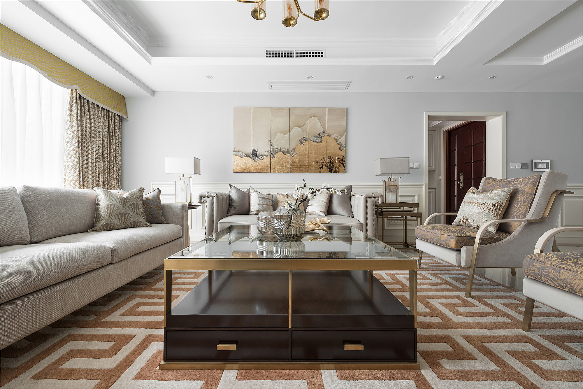 现代美式混搭中式客厅沙发摆放效果图
