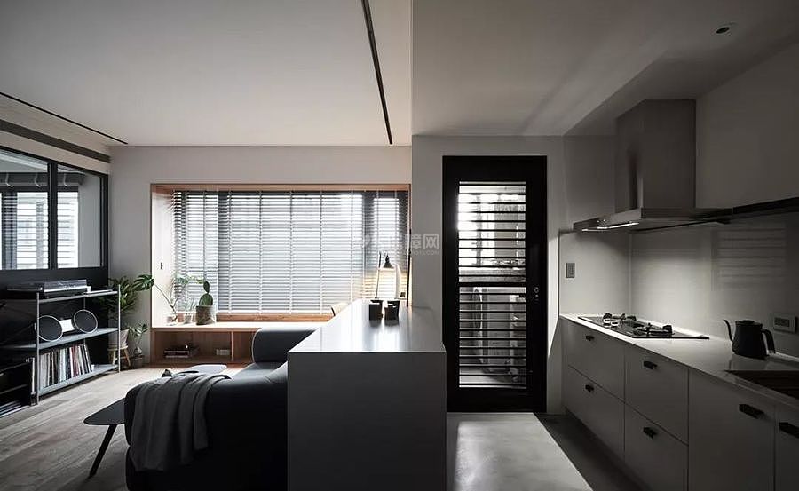 49㎡时尚现代公寓之厨房客厅一体效果图