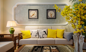 130平现代中式三居之客厅沙发背景墙装饰效果图