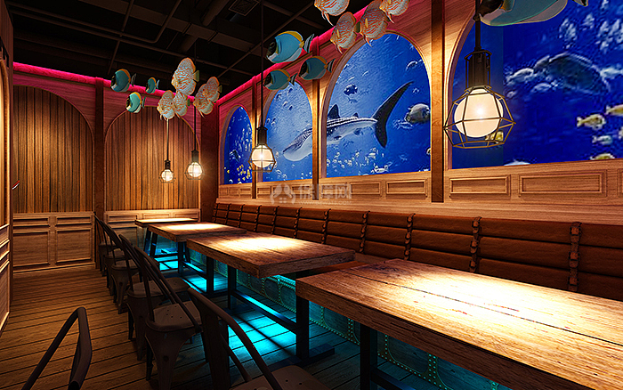 小2海鲜餐厅之用餐大厅墙面装饰效果图