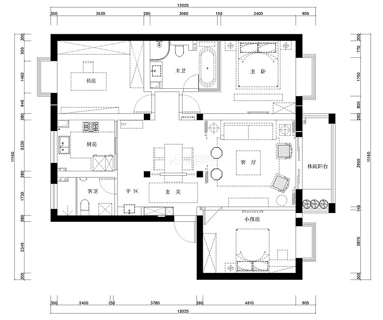 118㎡现代新中式3居之空间布局图