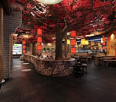 百味记中式主题火锅店之大厅装修设计效果图