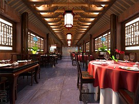 山东台儿庄餐饮会所之用餐区座椅布置效果图