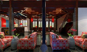 山东台儿庄餐饮会所之大厅休息等待区布置效果图