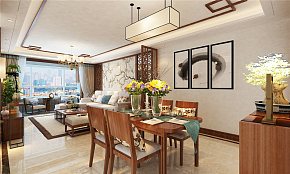 127平新中式三居之餐厅餐桌布置效果图