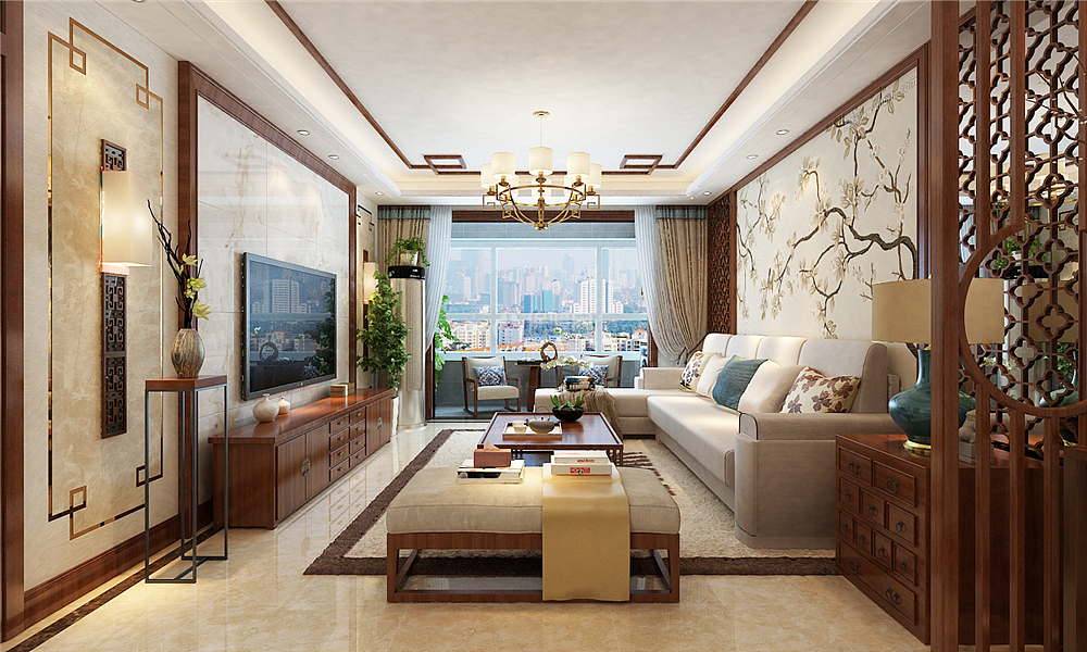 127平新中式三居之客厅整体效果图