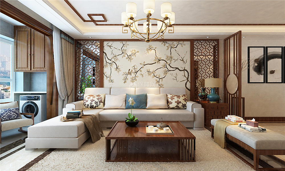 127平新中式三居之沙发背景墙装饰效果图