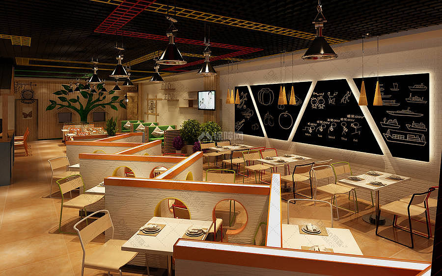 原玛喜餐厅之大厅整体装修布置效果图