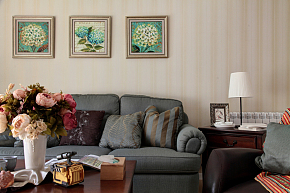 139平美式三居室之沙发背景墙装饰画效果图