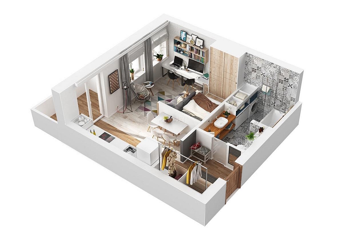 42平单身女性公寓整体格局概念效果图
