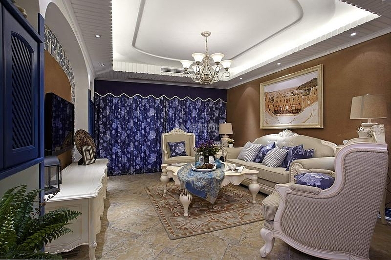 125㎡地中海风格三居之客厅整体效果图