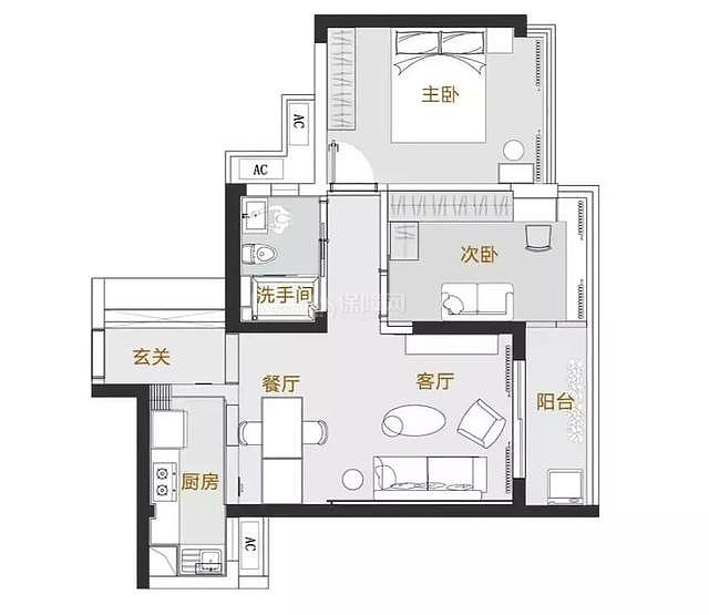 78平現(xiàn)代輕奢兩居室平面布置圖