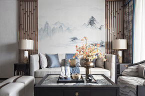 148㎡现代中式三居之沙发背景墙装潢效果图
