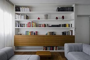 110平黑灰白风格客厅书柜墙面设计效果图