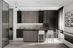 78㎡极简黑白灰公寓开放式厨房设计