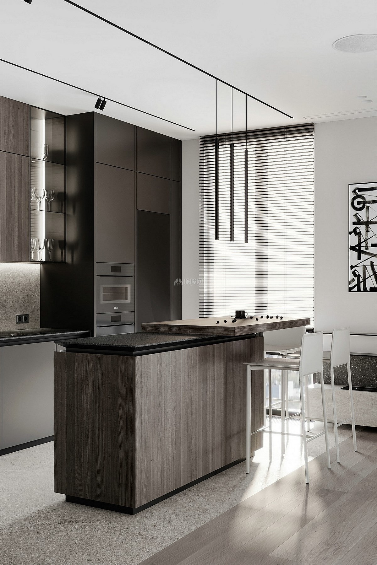 78㎡极简黑白灰公寓厨房岛台设计