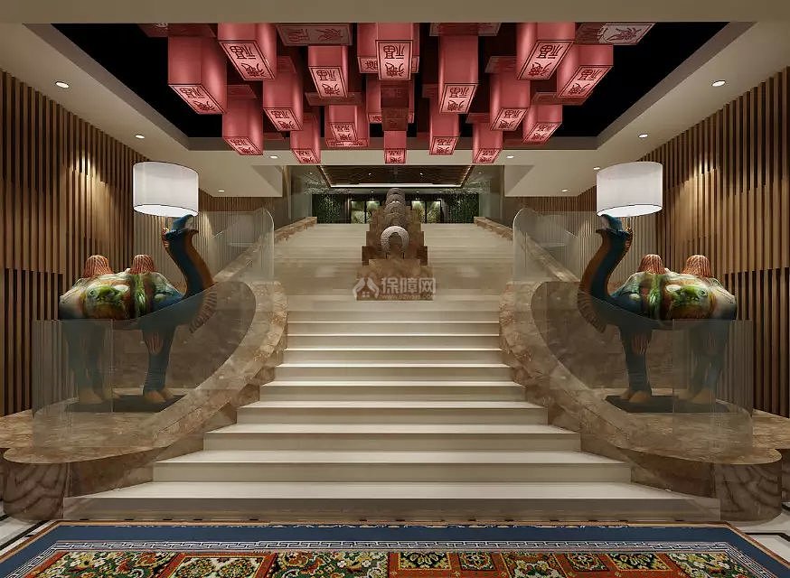 中式饭店大厅楼梯效果图欣赏