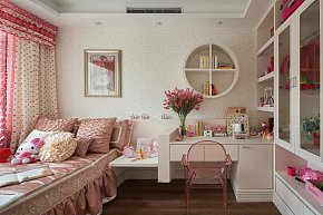 粉色儿童房背景墙橱柜设计
