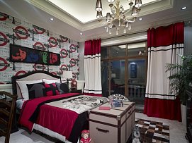 美式风格卧室背景墙设计窗帘图片