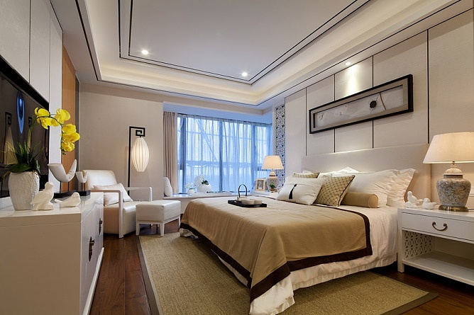 现代中式样板房卧室效果图