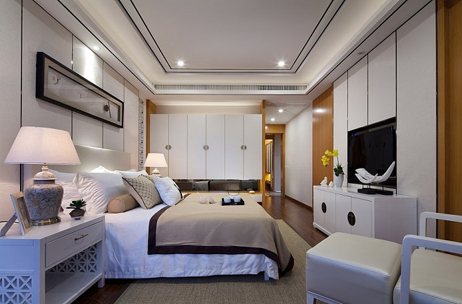 现代中式样板房卧室效果图
