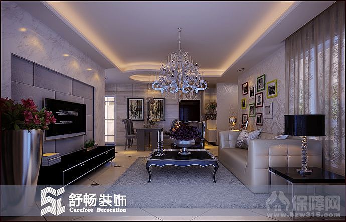 本案的设计以米色为基调，搭配简易欧式墙纸、形成一个