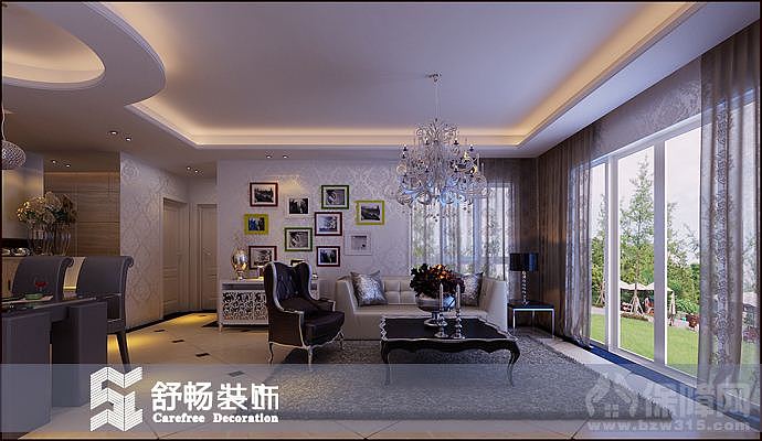 本案的设计以米色为基调，搭配简易欧式墙纸、形成一个