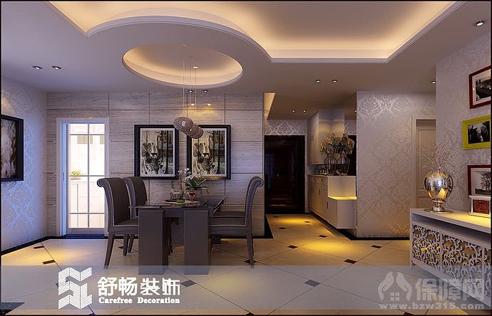 本案的设计以米色为基调，搭配简易欧式墙纸、形成一个