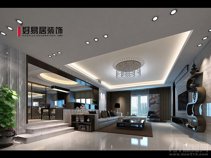 黑白灰的主色调让整个空间凸显时尚、错层的高调，让整