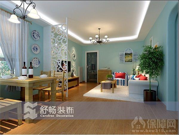 蓝色墙漆、白色吊顶，配上蓝白色条纹沙发，蔚蓝色的浪