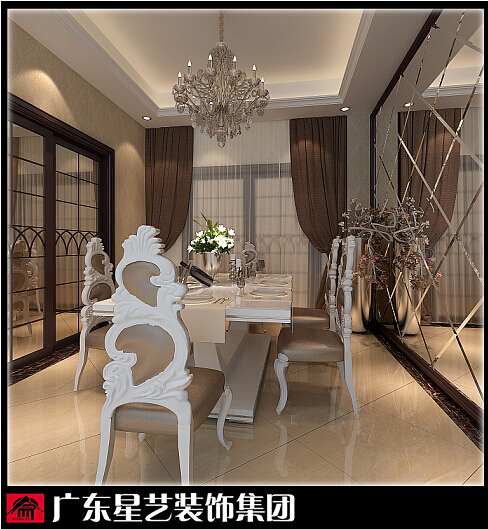 本案整体色条为米色，局部采用大理石线条及实木线条，