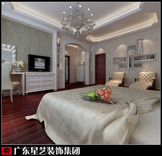 本案整体色条为米色，局部采用大理石线条及实木线条，