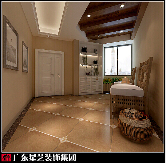 本案整体色条为米色，局部采用大理石线条及实木线条，