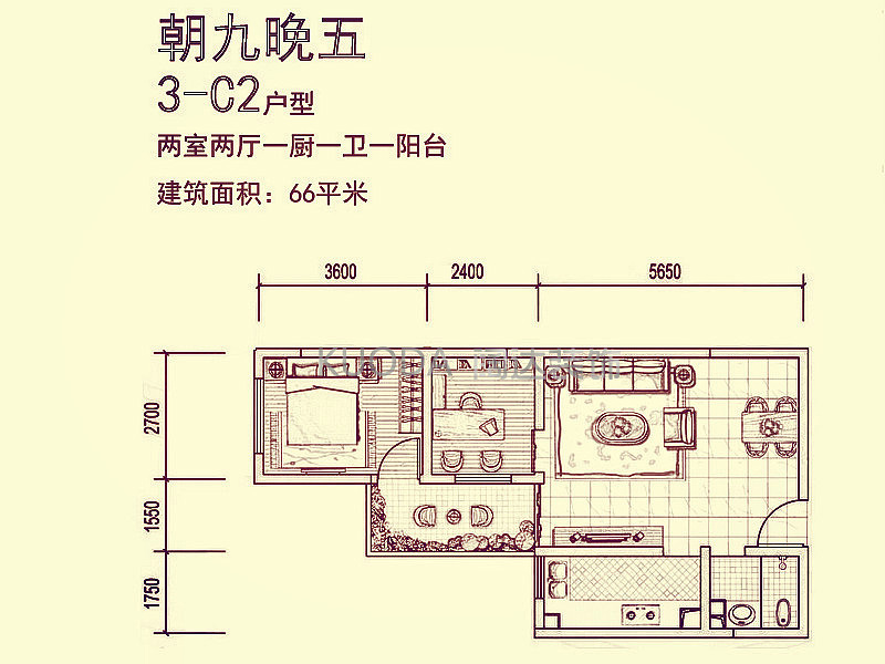 楼盘地址：朝九晚五    建筑面积：66平米设计专