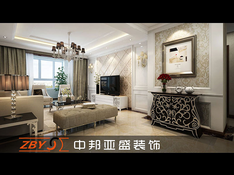 客厅：以白色体现欧式新古典风格中常见的主色调，金色